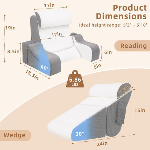 5PCS 2 1 19 Reading Pillow for Sitting in Bed Adult, in Foldable Back Wedge Pillow for Sleep, Ergonomic Back Support