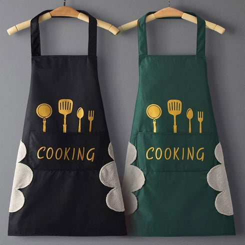 DILLMAN Women Kitchen Apron with Hand Wipe Pockets, Waterproof for Cooking and Baking, Big Pocket