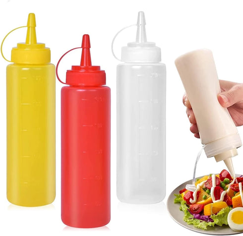 CONDRA FIELD Condiment Sauces Squeeze Bottles, 3Pcs-13.5oz, Leak-Proof Cap for Ketchup, Mustard, Oil