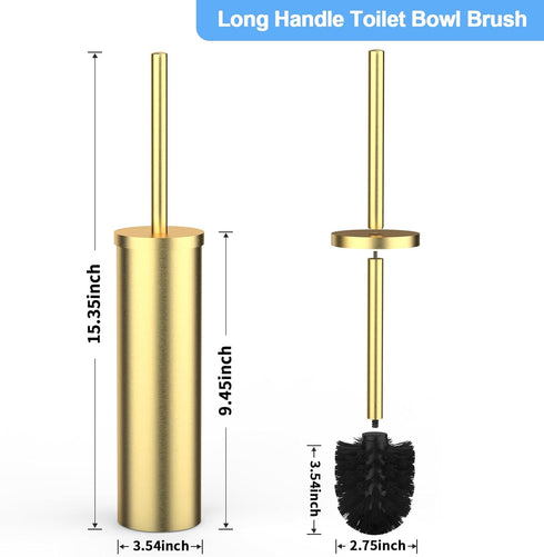 Flyzenvibe Set Stainless Steel Toilet Brush and Holder Brushed Gold Heavy Duty Toilet Bowl Brush with Long Handle