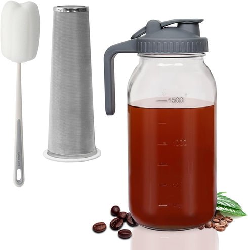 Cold Brew Coffee Maker - 64 Oz (2 Quart) Wide Mouth Glass Mason Jar with Stainless Steel Filter
