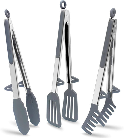 Tongs for Cooking, 12" Kitchen Tongs with Silicone Tips - Food Grade Serving Tongs Set of 3, Grey