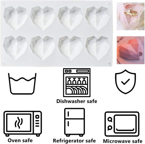 8 Grid Diamond Heart Silicone Cake Mold, 3D Diamond Love Heart Shaped Mould for DIY Cake, Mousse, Dessert