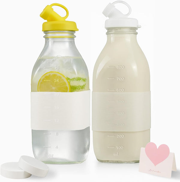 Essmilkee 32 oz Reusable Glass Milk Bottles with Leak Proof Lid and Pour