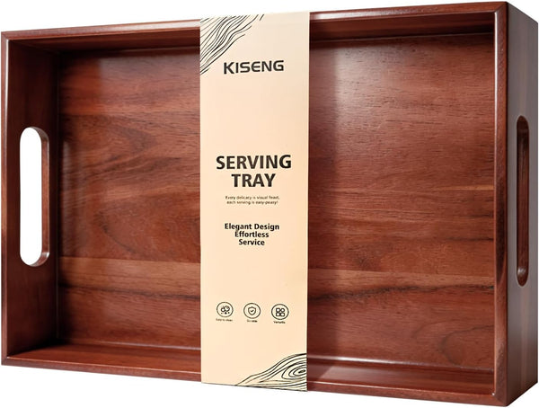 Acacia Wood Serving Tray with Handles, 17 x 12 Inch Large Wooden