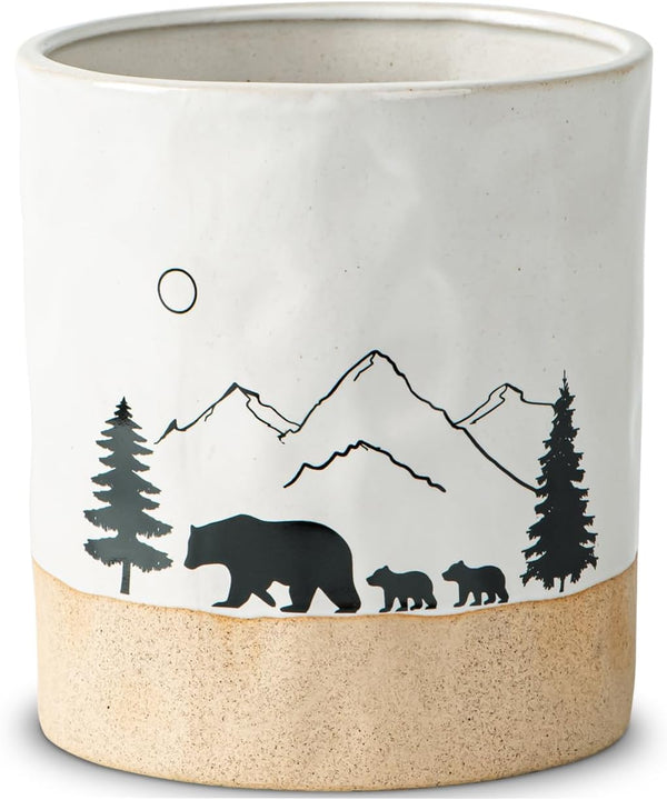Bear Utensil Holder for Countertop, Ceramic Kitchen Utensil Crock, Large White Cooking Utensil Holder with Forest Design