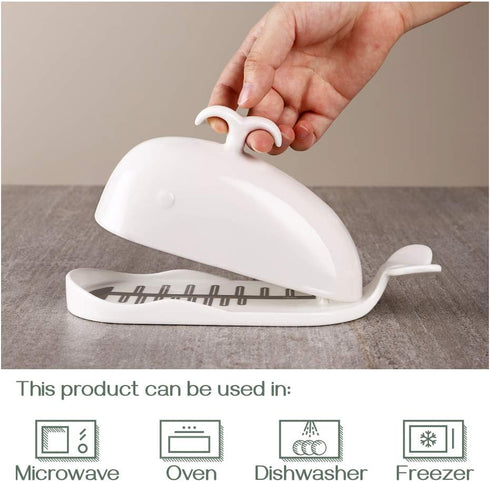 DOWAN Porcelain Butter Dish With Cutting Measuring Line, Large Whale Butter Dish with Cover of Non-slip Design, Ceramic