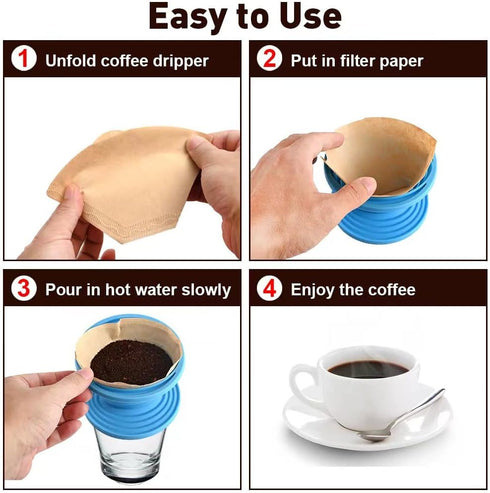 Abnaok Set of 2 Collapsible Pour Over Coffee Dripper, Silicone Reusable Cone Filter Holder with 40Pcs Paper Filters for