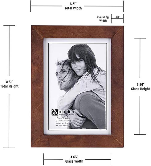 Malden 5x7 Picture Frame - Wide Real Wood Molding with Real Glass - Stonewashed Walnut