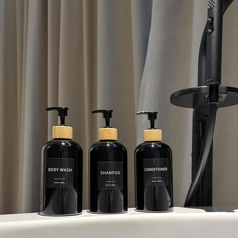 Set Set 3, 16.9oz) Shampoo and Conditioner Dispenser, Refillable Plastic Shampoo Pump Bottles with Waterproof Labels