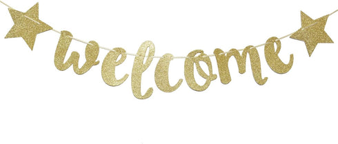 Welcome Little One Glitter Banner, Pre-strung Baby Shower Decor for Gender Reveal Party (Gold)