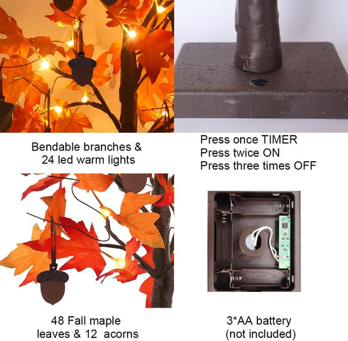 YEAHOME 24” Lighted Fall Maple Leaves Tree, 2FT Autumn Decor with 24LT Warm White LEDs, 12 Wood Acorns Ornaments,