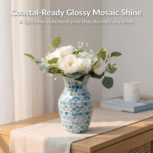 8 Inch Blue Vases for Home Decor, Light Blue Mosaic Vase, Decorative Glass Flower Vases for Centerpieces Living Room