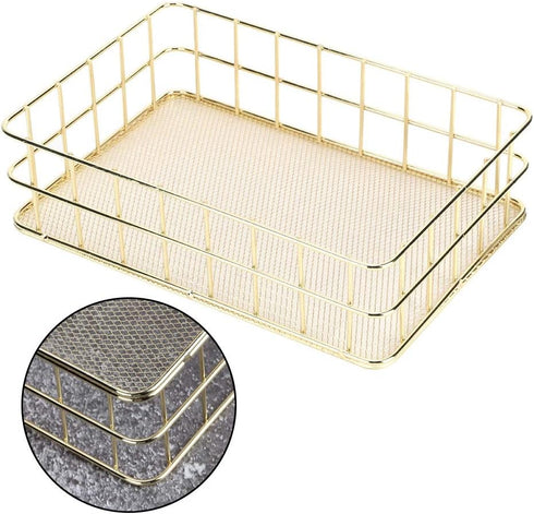 Wire Mesh Basket, Golden Desktop Metal Storage Tray for Home Cosmetic Stationery (9.6 x 6.5 x 2.6in)