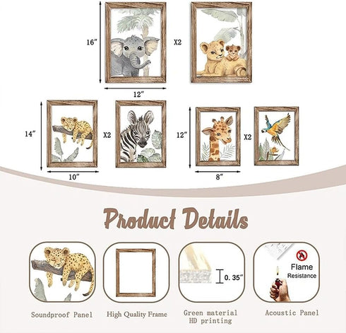 Set 6 HLJ ART Safari Animal Wall Art Print for Boys and Girls: Jungle Nursery Pictures Framed of for Baby Room Decor