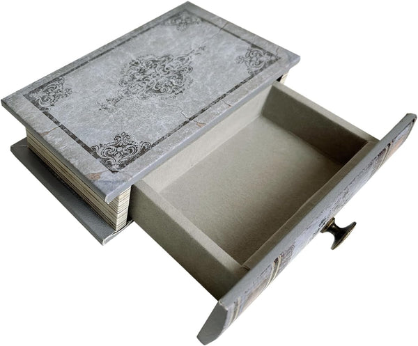 Vintage Book Storage Box with Drawer, Distressed Gray Faux Leather Cover with