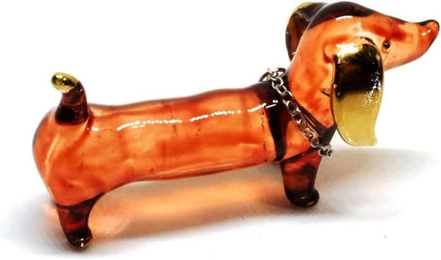 Handmade 2" Blown Glass Dachshund Dog Figurines with Gold Trim, Collectible Miniature Art, Dollhouse Gift Ideas
