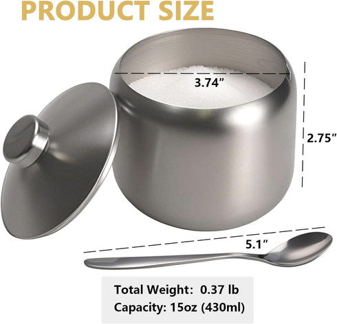 15oz hiwafifi Sugar Bowl with Lid And Spoon, Stainless Steel Sugar Creamer Container, Round Sugar Jar, Durable Sugar