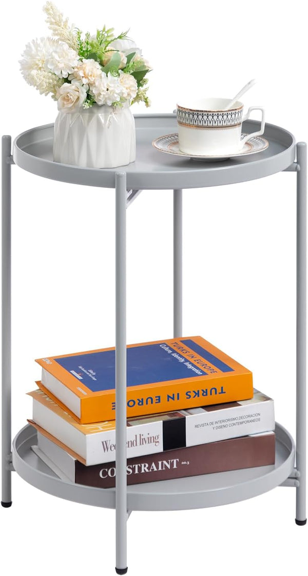 HollyHOME 2-Tier Round Side Table, Outdoor Small Folding Accent Stand with Removable
