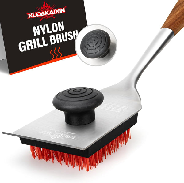 XUDAKAIXIN Nylon Grill Brush, Dual Grip Design, with Extended Luxurious Acacia Wood