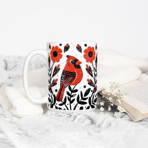 Cardinal Bird Ceramic Coffee Mug - Floral Nature Tea Cup, Gift for Women Mom Friend (15oz)