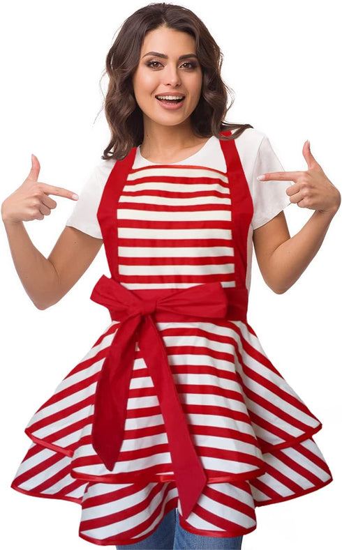 Cute Lovely Violet Mist Retro Aprons for Women, Girls, Vintage 50s Red Striped Kitchen Ruffle Apron, Christmas Gift