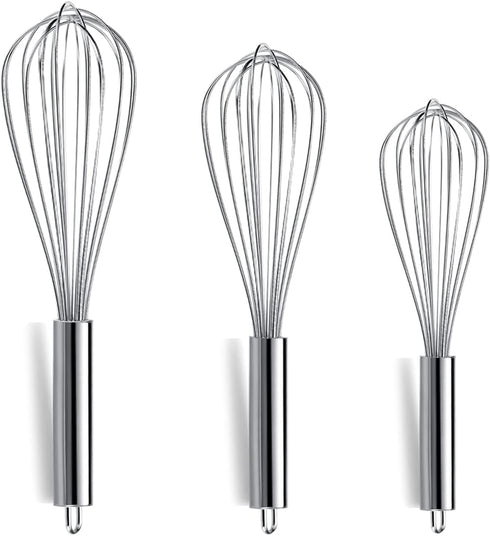 Berglander Whisk Set Pack of 3, Stainless Steel Cooking Whisks 8", 10", 12" Wire Balloon Whisk (Silver)