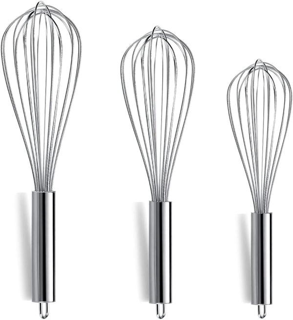 Berglander Whisk Set Pack of 3, Stainless Steel Cooking Whisks 8", 10", 12" Wire Balloon Whisk (Silver)