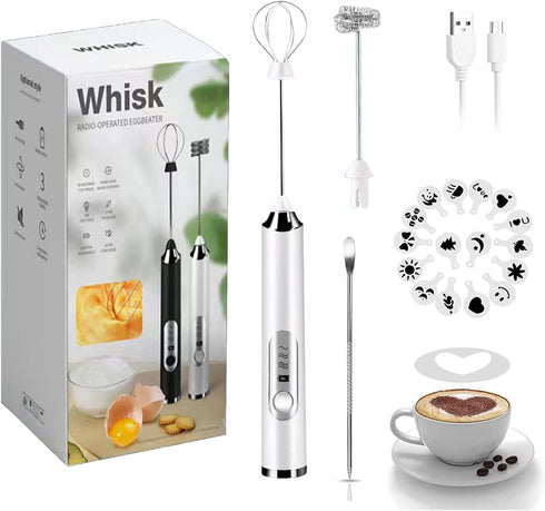 Rechargeable Milk Frother, 3-Speed Electric Handheld Frother for Coffee with 2 Whisks and Decoration Tool