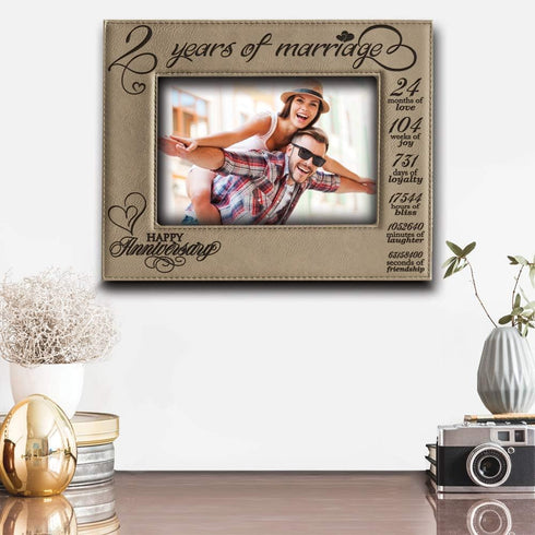 BELLA BUSTA- 2 Years of Marriage Engraved Leather Picture Frame, Second Anniversary for Couple (5 x 7 Horizontal)
