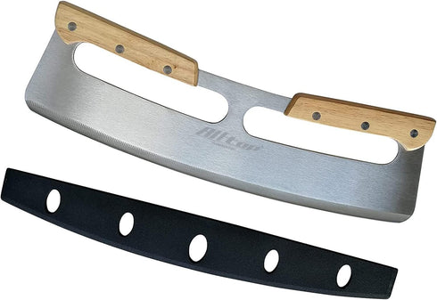 ALLTOP Pizza Cutter Rocker, Large Stainless Steel Blade Knife with Double Wooden Handle & Plastic Cover, Essential