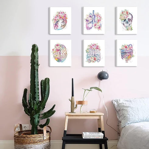 Set 6(8x10) CHDITB Medical Anatomical Art Vintage Gothic Human Anatomy Poster, Biology Floral Skeleton Classroom Wall