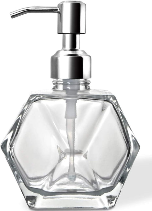 Modern Geometric Shape Clear Glass Soap Dispenser, Lotion Dispenser Bottle with Rust Proof Stainless Steel Pump for