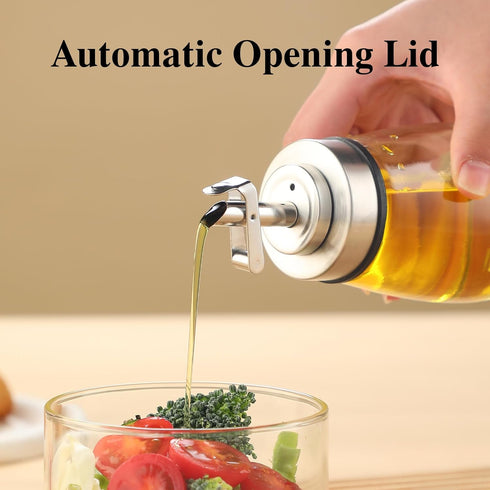 LIFHUB 6OZ Glass Oil Dispenser Bottle with Stainless Steel Spout, Automatic Opening Lid, for Cooking Oil, Vinegar