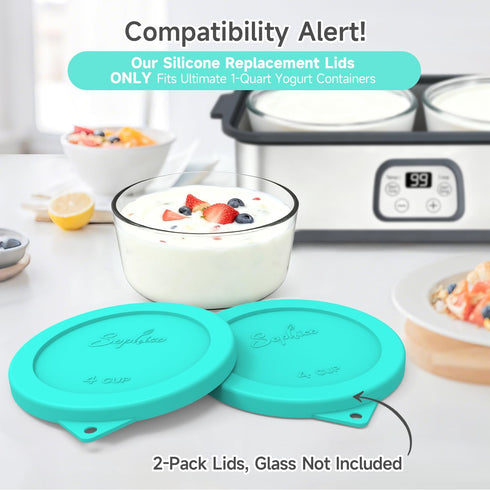 1-Quart 2 Pack) SOPHICO Silicone Replacement Lids Fit Ultimate Glass Containers, Airtight Seal Bowl Covers for Yogurt