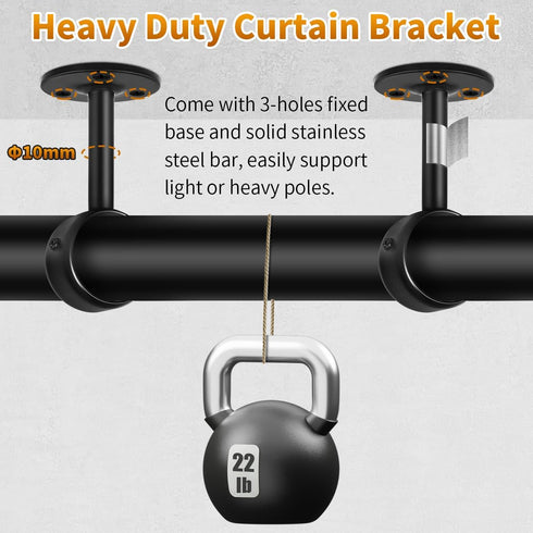 TOKPLNU Ceiling Curtain Rod Brackets, Heavy Duty Stainless Steel Holders, 3 Pack Black Rod Bracket Support