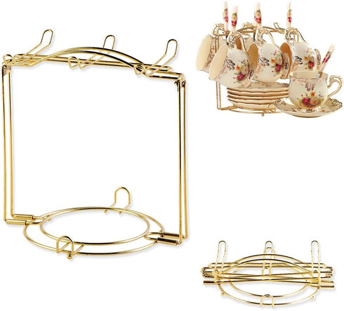 YOLIFE Gold Tea Cup Holder Display Stand - Metal Rack for 6 Cups and Saucers, Foldable Organizer