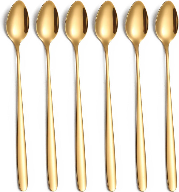 Long Handle Iced Tea Spoon, 7.8-Inch Gold Coffee Spoon, Set of 6 Stainless Steel Ice Cream Spoons