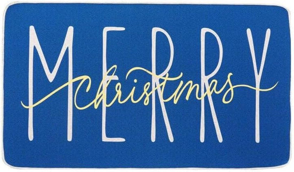 ONWAY Merry Christmas Doormat 17.5 x 29 Inch Blue Gold Low-Profile Indoor/Outdoor Seasonal Floor Rug