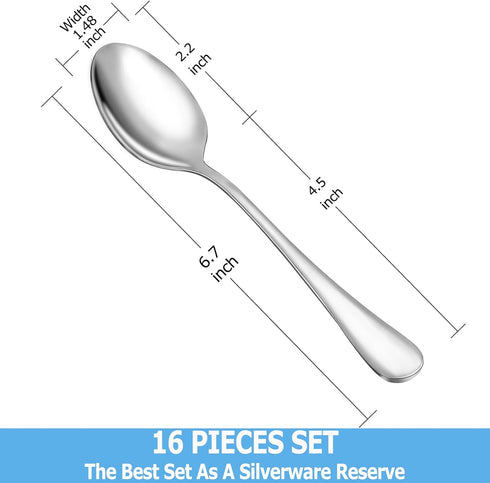 Teaspoon Set - 16 Piece 6.7" Premium Stainless Steel Tea Spoons, Durable Kitchen Dessert Spoon Set, Mirror Finish