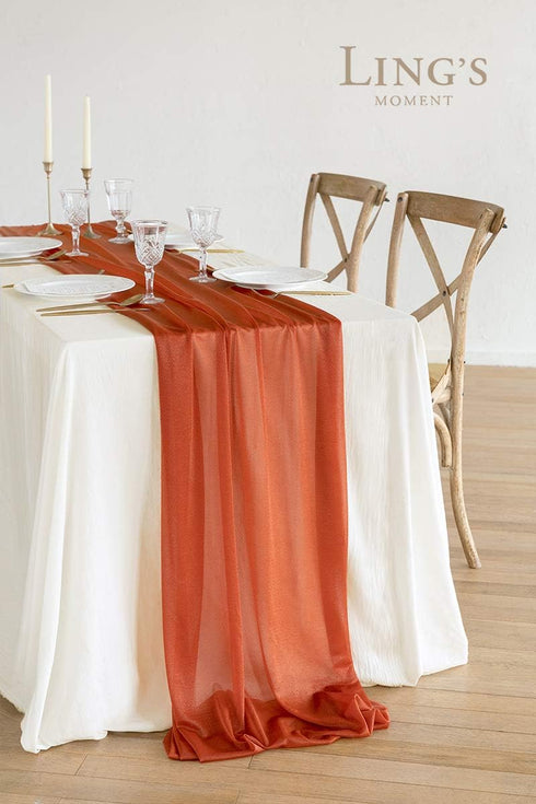 Ling's Moment 14Ft Terracotta Sheer Chiffon Table Runner with Silver Sparkle for Wedding Rustic Boho Party Decor