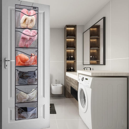 Extra Large Pockets Shoe Organizer - Over the Door Hanging Shoe Holder with 6 Large Pockets for Closet (Grey)