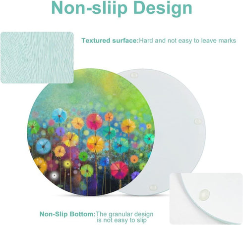 Seasonal Nature Spring Summer Autumn Winter Flowers Pattern Tempered Glass Cutting Board 8" Round Kitchen Decorative