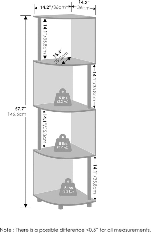 4-Tier 14.2 14.2 57.7, Furinno Basic Book Shelf, Bookshelf, Bookcase with Zigzag Corner Shelf, x x for Living Room