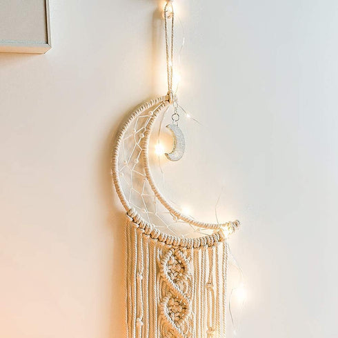 ANROYE Boho Macrame Woven Wall Hanging, Crochet Crescent Moon Star Dream Catcher with Long Tassel- White Cotton