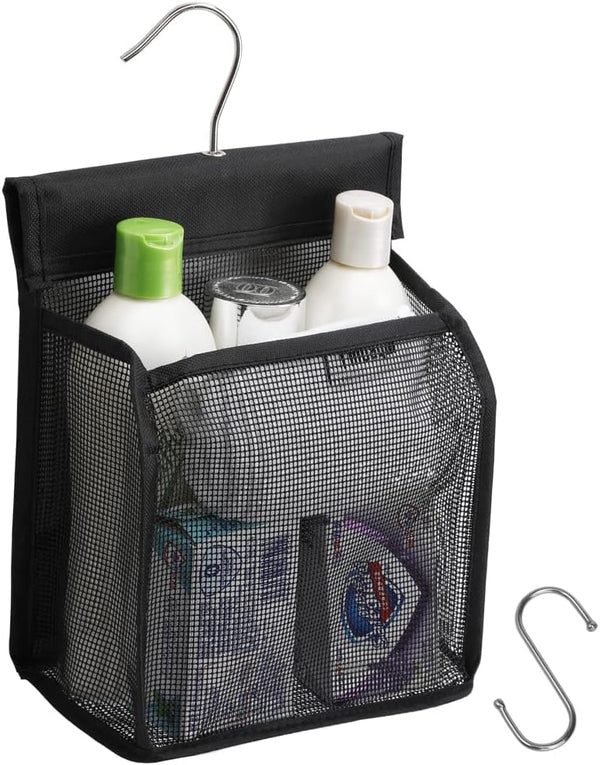 ALYER Hanging Mesh Shower Caddy Organizer - Bathroom Storage Bag with Hooks for College Dorm, Gym, RV and Travel, Black