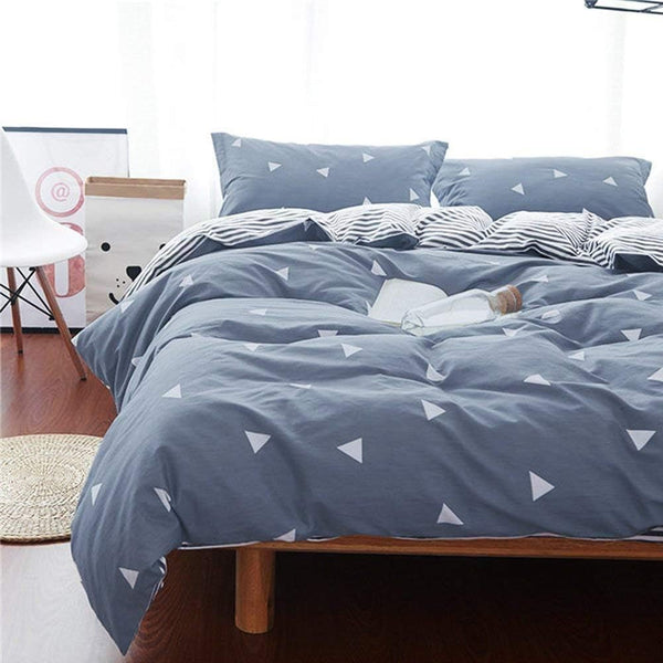 3 Pieces Duvet Cover Set, Blue Gray with White Triangles, Queen Size 90x90 with 2 Pillow Shams