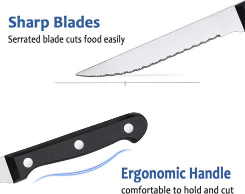 BEWOS Steak Knives Set of 16, Triple Rivet Serrated Blades, Stainless Steel Dinner Knives, Dishwasher Safe