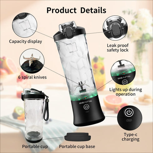 Portable Blender, Personal Blender for Shakes & Smoothies with 20 Oz Travel Cup, USB Rechargeable (Black)