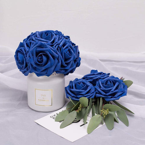 Artificial Flowers 25pcs Royal Blue Foam Fake Roses with Stems for DIY Wedding Bouquets